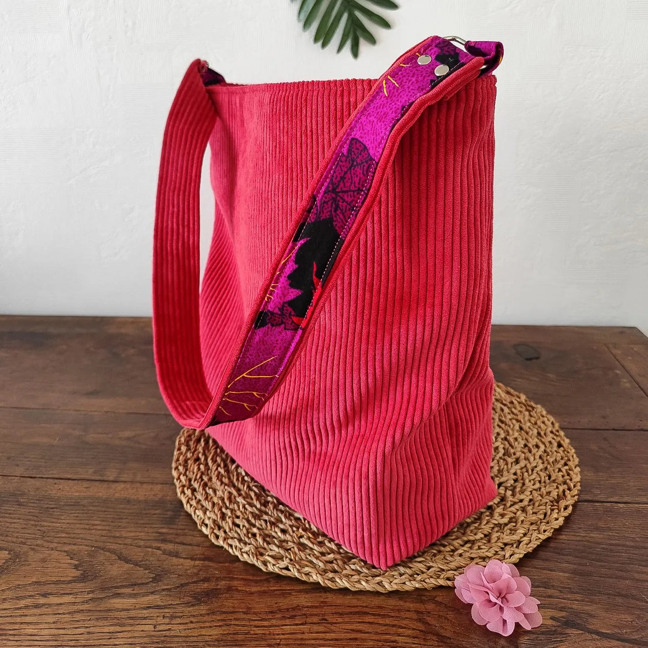 Sac Fourre-tout velours côtelé rose et intérieur Wax