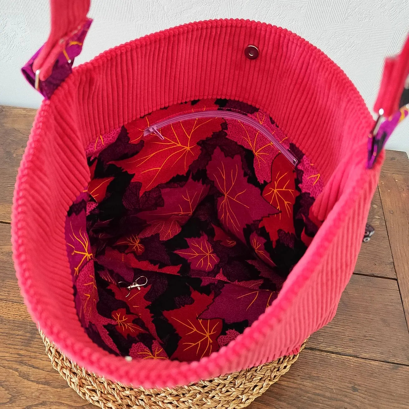 Sac Fourre-tout velours côtelé rose et intérieur Wax