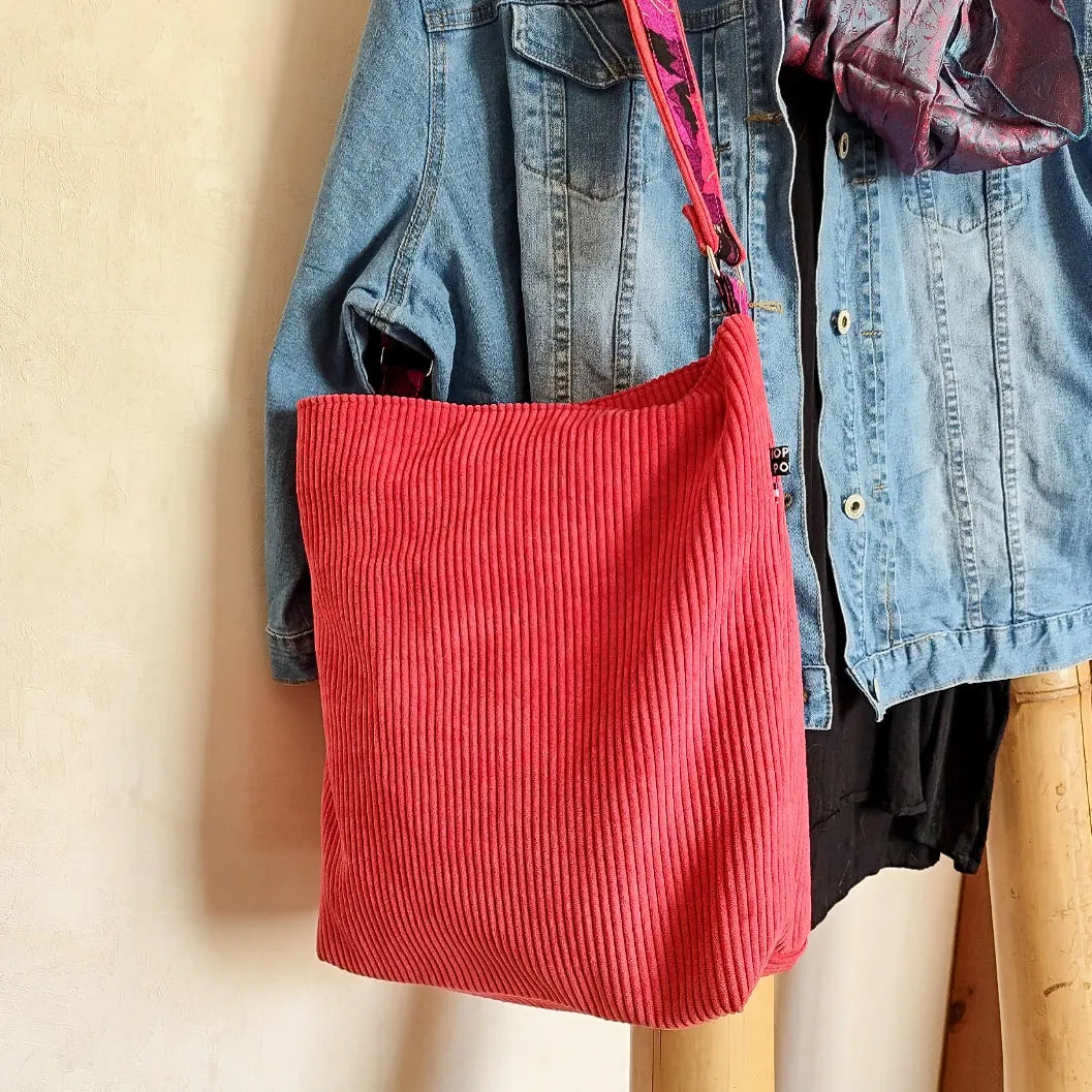 Sac Fourre-tout velours côtelé rose et intérieur Wax
