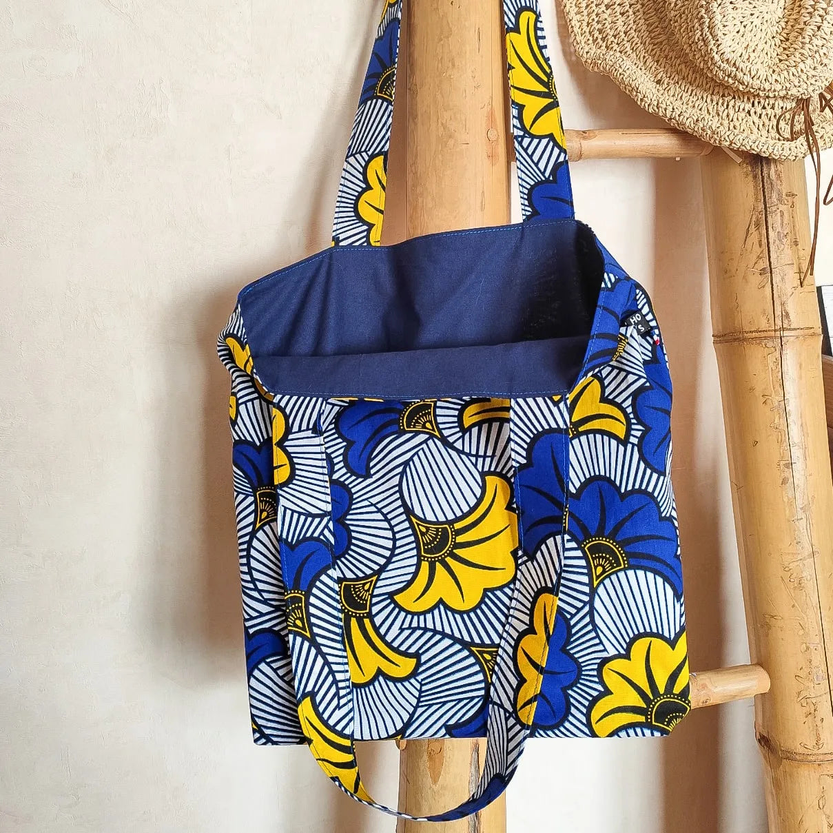 Tote bag Wax - Motif "Fleurs de Mariage" bleues et jaunes