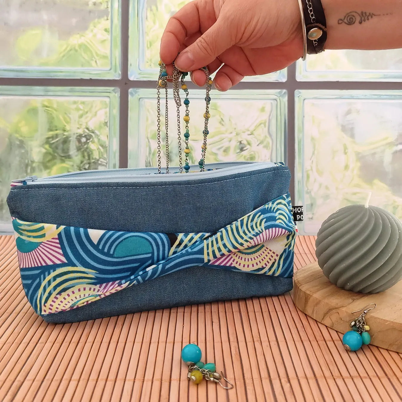 Trousse en tissu Wax et Denim bleu - Fait main