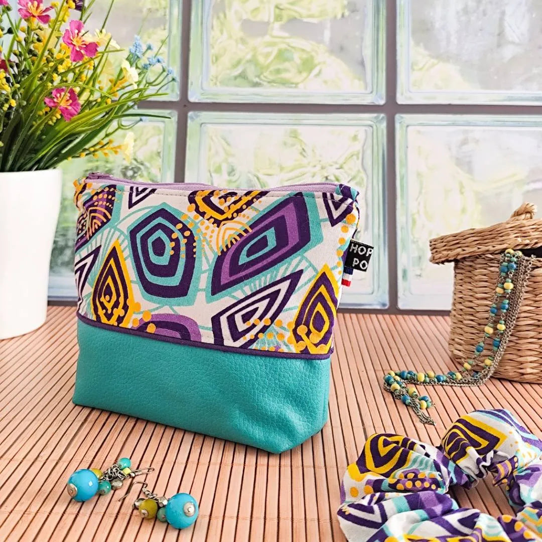 Trousse en simili cuir et tissu Wax
