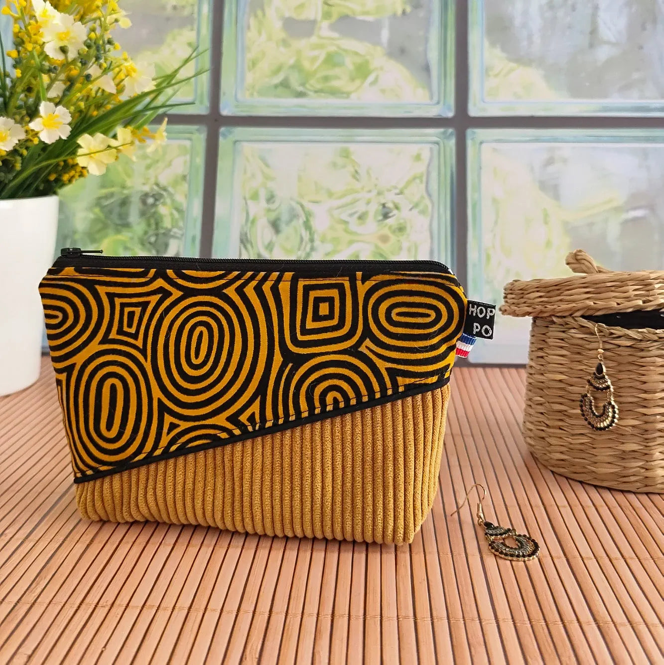 Trousse bi matière Jaune - Velours côtelé et tissu Wax