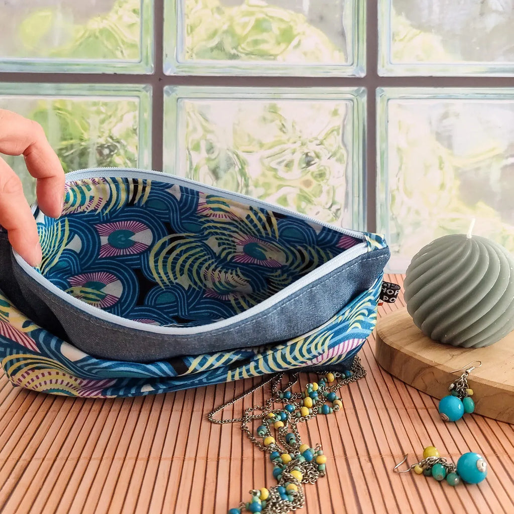Trousse en tissu Wax et Denim bleu - Fait main
