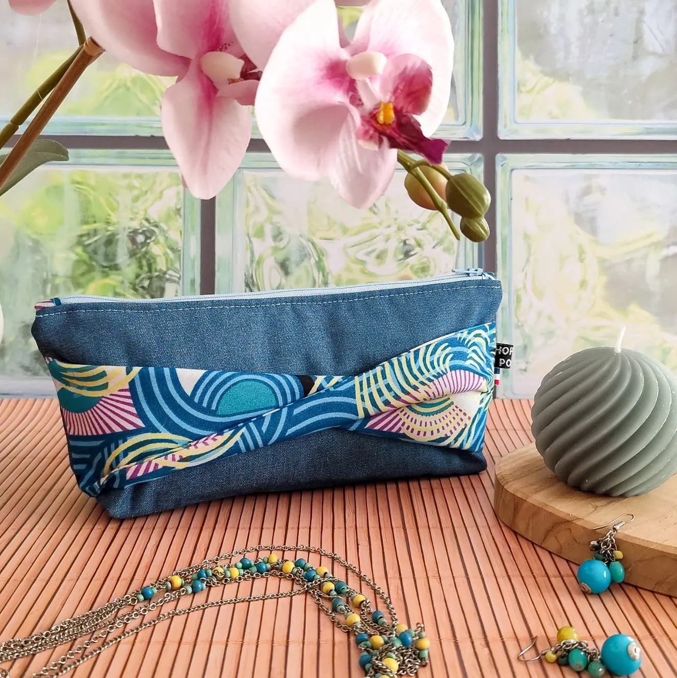 Trousse en tissu Wax et Denim bleu - Fait main